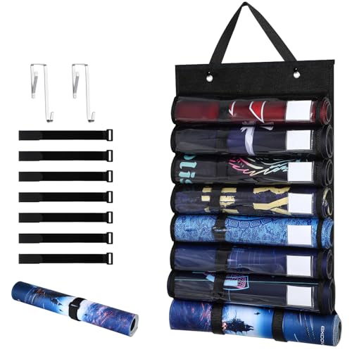 Portable Playmat Storage Bag - 7+1 Transparent Plastic Slots with Label and 7 Sticky Straps,Hanging Playmat Holder with 2 Hooks for TCG/RPG Play Mat and Card Game Mat Tube
