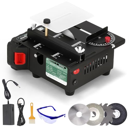 Huanyu ミニテーブルソー コードレス 卓上テーブルソー 21V/1.5Ahバッテリー 充電式 鋸刃4枚付き 7段変速 8000RPM 0-16MM鋸刃昇降 100W 0-180°角度調節切断 木材/基板/アクリル/金属用 小型 DIY 木工用 日本語説明書付き
