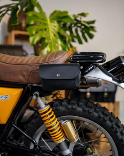Image of Trip Machine Company Genuine Leather Motorcycle Front Handlebar Leather Bag | Moto Backrail Sidekick Pouch | Shoulder Bag | Fanny Pack (Black)