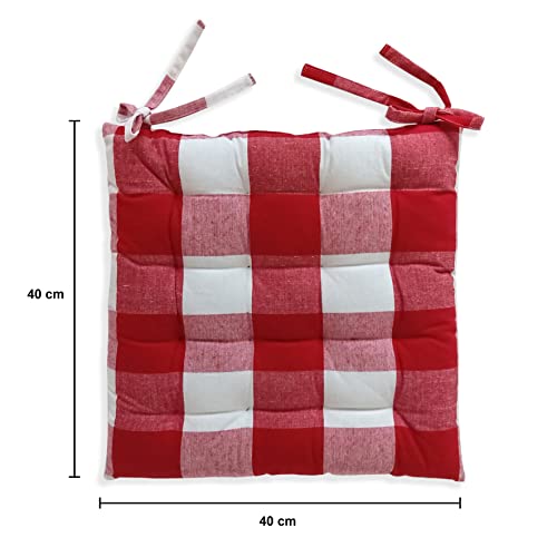 Image of Encasa XO Chair Cushions 40x40 cm with Ties 4 pcs - Buffalo Red Checks - Stripe Cotton Fabric, Rich Square Seat Cushions Micro-Fiber Filling, Large Size for Sitting, Sofa, Dining Table & Outdoor