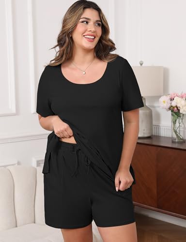 Womens Plus Size Pajama Sets 2 Piece Summer Outfits Short Sleeve Tops Shorts with Pockets for Lounge Sleepwear2