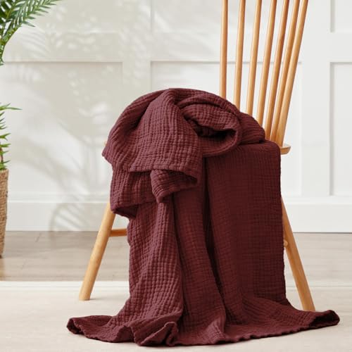 Image of 100% Cotton Muslin Blanket Twin 66 inch x 90 inch, 6 Layers Breathable and Lightweight Cotton Blankets for Couch, Soft Cooling Summer Gauze Blanket for Adults All Season, Burgundy