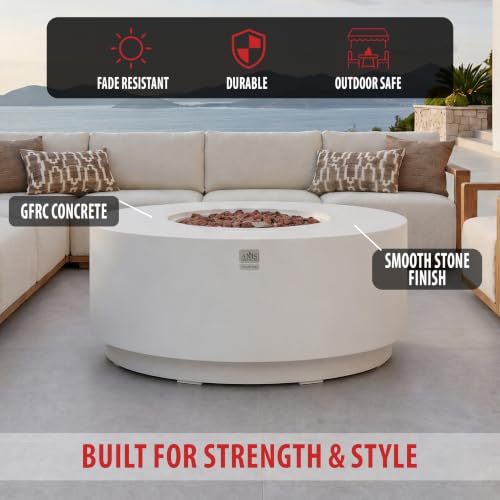 Image of AMS Round Concrete GFRC Propane Gas Fire Pit Table (Cream White)