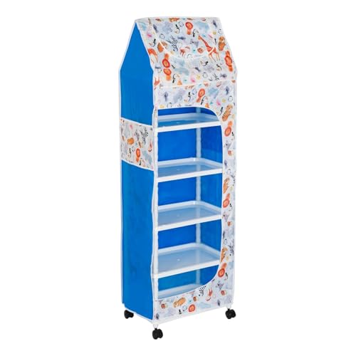 Image of SUBEKYU Kids Plastic Wardrobe Rack with Removable Cover, Baby Clothes Organizer & Storage Cabinet, Plastic Office Rack, White, Animal