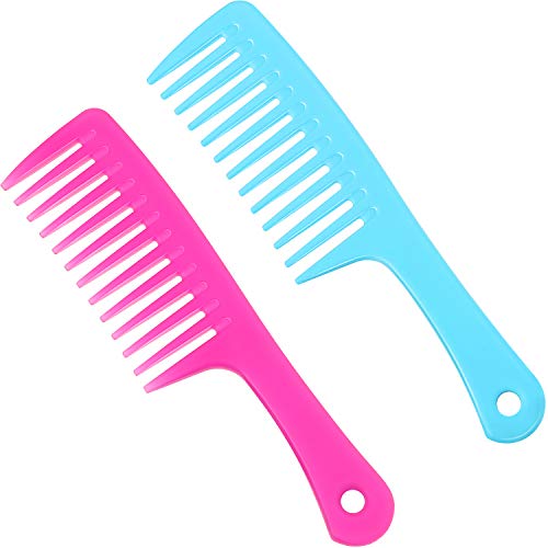 2 Pieces Wide Tooth Comb Detangle Hair Comb Curly Hair Comb Large Teeth Shower Comb for Hairdressing Wet Dry Thick Fine Long Hair and Curly Hair (Rose Red and Blue)