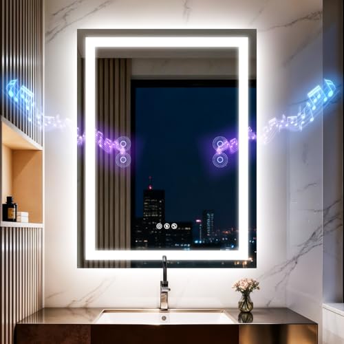 Espejo de baño LED con luces, altavoz dual Bluetooth 50x70 cm, antivaho, 3 temperaturas de color, brillo regulable, función de memoria, impermeable, diseño de montaje en pared, vidrio templado