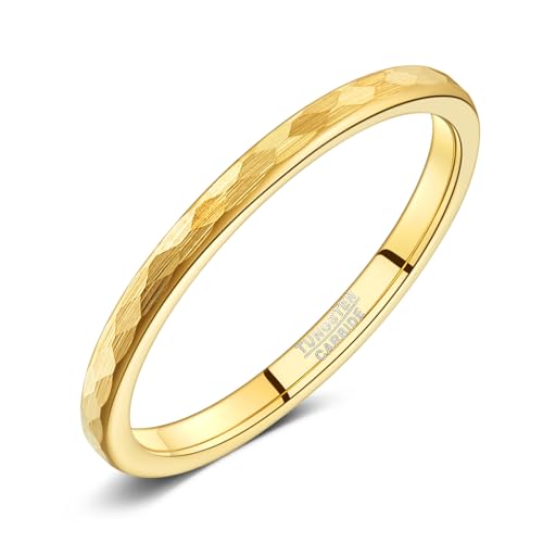 NUNCAD 2mm Tungsten Wedding Band Ring for Men Women 14K Gold/Silver/Black Domed Hammered Finish Comfort Fit Size 5-12