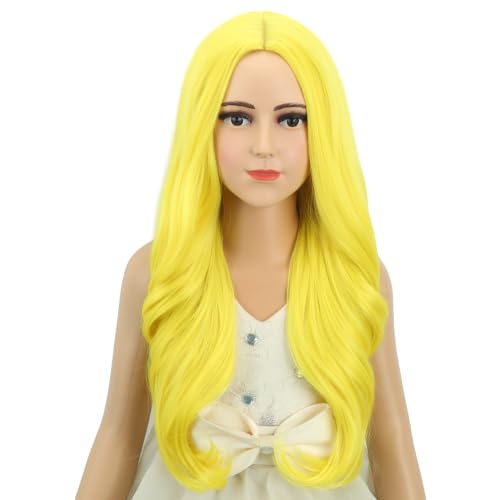 Image of Child Light Yellow Wig Girls Long Yellow Wavy Curly Wig Long Middle Part Wigs for Kids Heat Resistant Synthetic Wigs with Cap