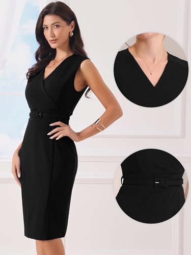 Image of Allegra K Business Dress for Women's Pencil Sheath Work Dress | V Neck Knee-Length Sleeveless Dress With Belted