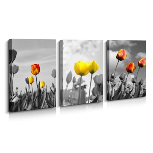 Tulip Flowers Canvas Wall Art of 3 Panels: Framed Color Pop Nature Print Picture Poster Decor for Living Room, Bedroom, Office, Café, Studio, Floral Nook, Gallery 12x16 Inch Each