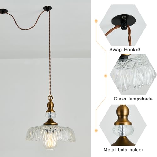 Image of CVKASH Plug in Glass Pendant Light Fixture Brass Vintage Adjustable Chandelier Brushed Gold Hanging Ceiling Light for Farmhouse Hallway Bedroom Foyer Kitcken Dining Room Island