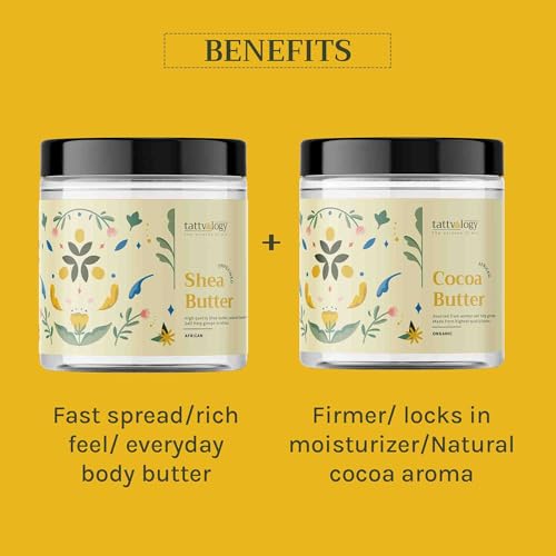 Image of Tattvalogy 100% Pure Shea Butter & Cocoa Body Butter Combo | Unrefined, Raw & Natural Skin & Hair Moisturizer | For Dry Skin, Stretch Marks, Chapped Lips & Hair Nourishment (100g Each)