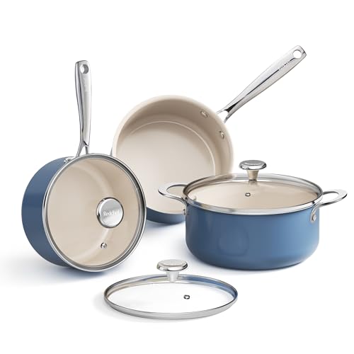 Image of Redchef Ceramic Stock Pots Set 5QT, Sauce Pan with Lids(2.5QT /3.5QT), Induction Cooking Pot Set,Ceramic Pots with Stay Cool Handle, Nonstick Cookware Set, PTFE /PFASFree, Dishwasher /Oven Safe (Blue)
