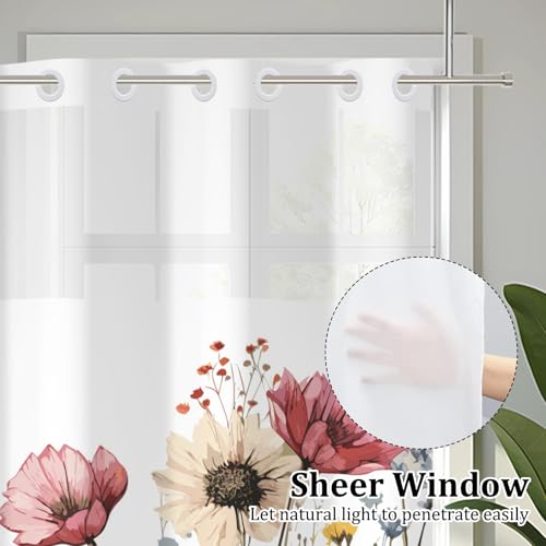 Velaequezii No Hook Shower Curtain with Snap in Liner Set Cosmos Daisy Flower Bath Curtain Double Layers Waterproof Washable Fabric with See Through Mesh Top Window for Bathroom Hotel 71x83 Inch by Velaequezii - Used condition - Image 2