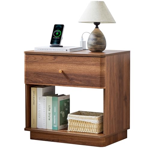 Nightstand with Charging Station, 23" Wide End Table with Drawer,