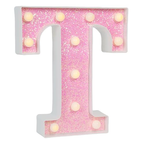 Image of Pink Glitter Marquee Light Up Letters, Battery Operated LED Letter Lights Signs for Pink Birthday Party Table Decorations, Wall Decor for Girls Bedroom, Initial Letter T with Warm White Lights