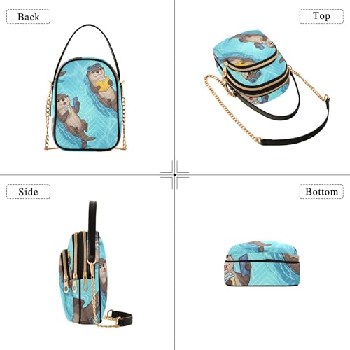 Cute Cartoon Otters Blue Shoulder Handbags for Women Cartoon Chain Strap Cell Phone Handbag Quilted Ladies Crossbody Satchel Bag4