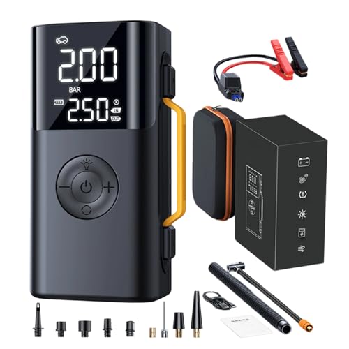Puente de batería de coche, arrancador recargable de 10000 mAh, inflador de neumáticos portátil con pantalla digital, herramienta de viaje por carretera con construcción, coches, motocicletas, camping