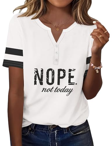 TCOT Short Sleeve Shirts for Women Button V Neck Work Tops Dressy Casual Blouses Flowy White Pattern Spring Clothes XL