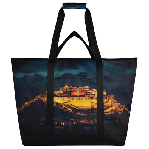 Potala Palace Landscape Large Insulated Tote Bag for Grocery Shopping Reusable Tote Bags for Women Men, Cooler Bag with Zippered Top & Handles for Beach Picnic Travel