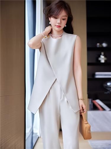 Women's Two Piece Premium Sleeveless Top Blazer Jacket Wide Leg Pants Set Business Summer Casual Suit2