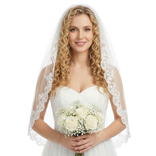 Josojoou Schleier Braut 85 Cm Weißer Tüll Brautschleier Mit Kamm Und Floralem Rand Spitze Schleier Ribbon Edge Für Jga Junggesellinnenabschied Hochzeit Brautparty Blumenmädchen2