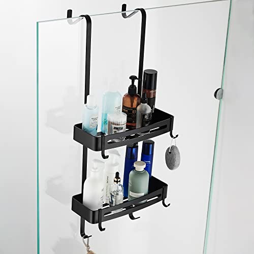 MOGFCT Bathroom Shower Caddy Over The Door Hanging Shower Organizer Storage Aluminum Shower Shelf Rust Proof Bathroom Shelves Basket Rack with Hook Rust Free (Black) - Image 3