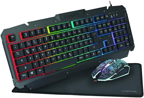LogiLink ID0185 - Gaming-Set: Maus (800-2400dpi - beleuchtet) & Tastatur mit atemberaubender Metalloberfläche + Regenbogen LED-Hintergrundbeleuchtung & Gaming Mauspad (35x25cm)