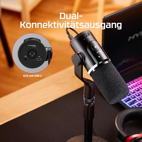 HyperX FlipCast Dynamisches USB/XLR-Mikrofon, Profi-Streaming & Podcast-Mikrofon mit Rauschunterdrückung, RGB-Beleuchtung, Onboard-Steuerung, 192 kHz/32-Bit, Schwarz