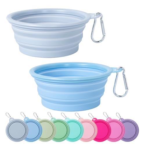 SLSON Collapsible Dog Bowl, 2 Pack Macaron Color Foldable Travel Dog Feeder Bowl Portable Silicone Pet Food Water Dish for Dogs Cats Camping Hiking (Macaron Blue and Light Grey)