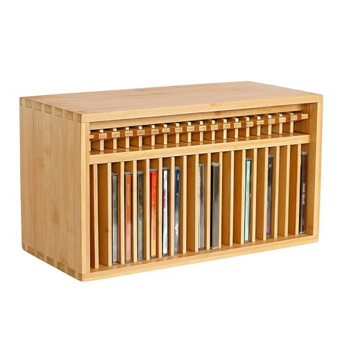 Estante de almacenamiento de CD, soporte organizador de DVD, capacidad para 19 estuches de CD estándar, diseño de madera para el hogar, oficina, sala de música, sala de teatro, funcionalidad de prensa