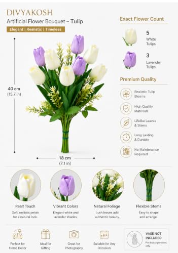 Image of Divyakosh Artificial Flowers Bunch (Vase Not Included). Artificial Flower for Vase Flower Bouquet Gift, 8 Artificial Tulips, 5 Ivory White & 3 Soft Lavender, Home Decor for Living Room