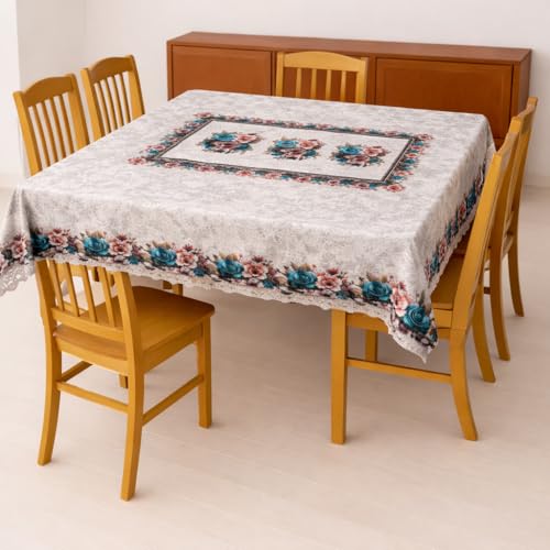 Image of Homerz Premium 6 Seater Dinning Table Heritage Series 6 Seater Velvety Dining Table Cover, Vibrant Royal Designs with Border Cutwork (Zarina, 54x78 inch- 6 Seater Dining Table)
