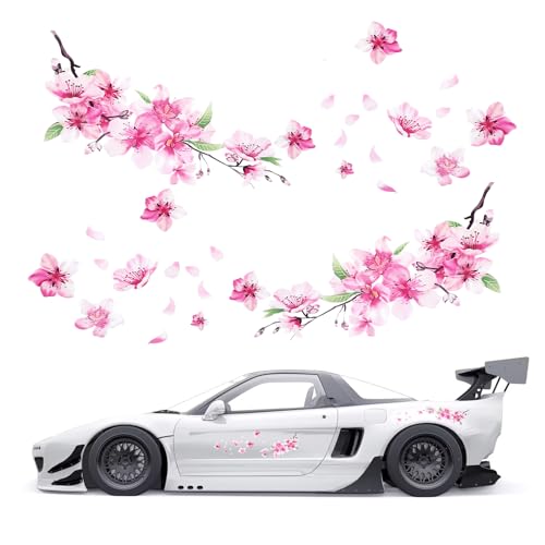 2 Sheets Cherry Blossom Car Decal, Cherry Blossom Vinyl Car Sticker Scratches Stickers Cars Decoration Vinyl Waterproof Sticker Flower Decals for Cars, Laptop, Wall, Window, Luggage and Bumper