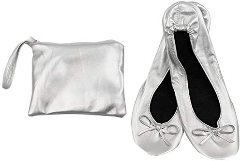 JJPRIME - Zapatos para después de la fiesta con bolsa plegable, bombas de ballet plegables, bombas plegables enrollables, color plateado, color Plateado, talla 40/41 EU