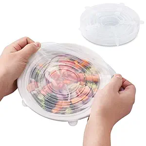 CHRONEX (Pack of 6) Multi-Purpose Silicone Storage Covers Various Sizes Silicone Stretch Lids for Bowl, Can, Jar, Glassware, Food Saver Covers Safe in Dishwasher, Microwave and Freezer (Transparent)