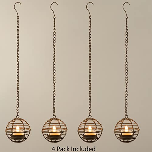 Solar Hanging Lanterns Outdoor Waterproof, Rust Iron Ball Candle Holder With Flickering Solar Powered Tea Lights, Perfect Chargeable Solar Lights For Backyard Patio Garden Fence Tree Decoration-4Pack #TOP6