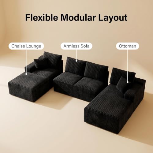 Image of Modular Cloud Sectional Sofa, Oversized Corduroy Boneless Couch | Luxury Comfort, Deep Seat, Couches for Living Room and Apartment, No Assembly Required