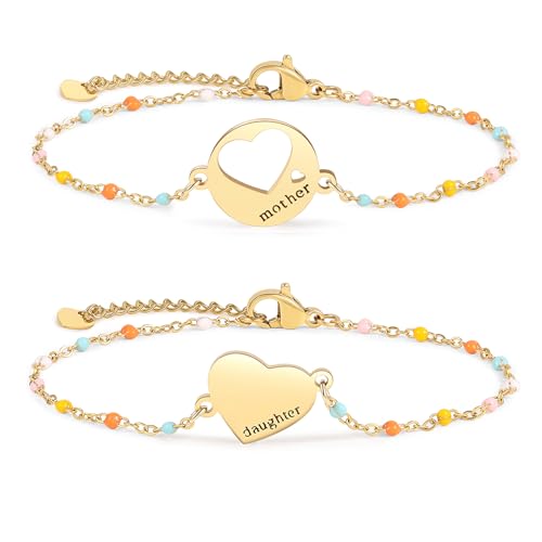 Image of DS Mother Daughter Bracelets Set,18K Gold Plated Stainless Steel Heart Jewelry for Women Girls,Mothers Day Gifts for Mom /Daughter,Adjustable Matching Bracelets for Mommy and Me gift box packaging