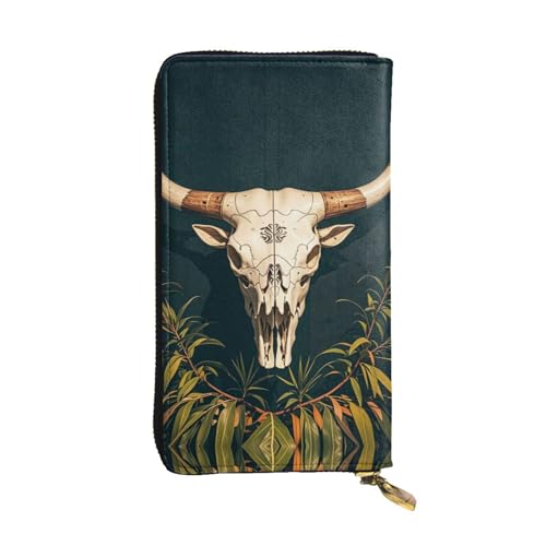 Women's Long Cash Wallet, PU Leather Elegant Clutch Change Purses with Zipper, Travel, Gifts (Bull Skull Tribal Print)