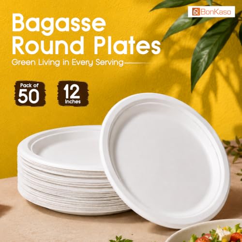 Image of Bonkaso 12 Inch, Pack of 50 Bagasse Disposable Round Plates (White)| Eco-Friendly Sugarcane Paper Plates | Biodegradable, Compostable & Sturdy | Ideal for Snacks, Desserts, Parties, Weddings & Events