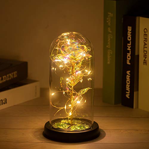 Duhouse Galaxy Rose Forever Rose Artificial Flower Led Light String On Glass Colorful Flowers In Glass Dome With Black Gift Box For Wedding Birthday Valentine's Day Mother's Day Christmas Anniversary #TOP5