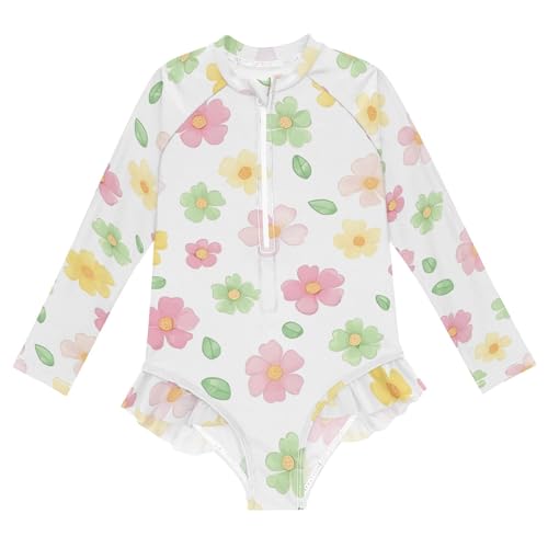 Pastel Flowers White Girls One Piece Swimsuit Rash Guard Long Sleeve Beach Swimwear 3T