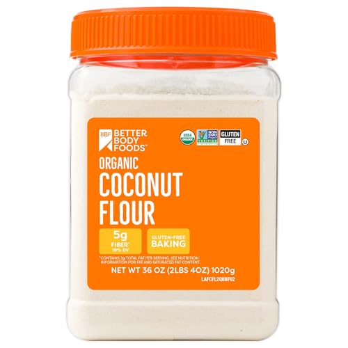 Betterbody Foods Organic Coconut Flour 2 Pound Jar, Gluten-Free White Flour Alternative With A Slight Coconut Taste And Aroma, 23% Dietary Fiber Per Serving