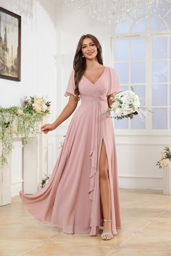 Image of HANVAIOS Long Sage Green Bridesmaid Dresses for Wedding Chiffon V Neck Short Sleeve Evening Gown with Slit Pocket Size 8