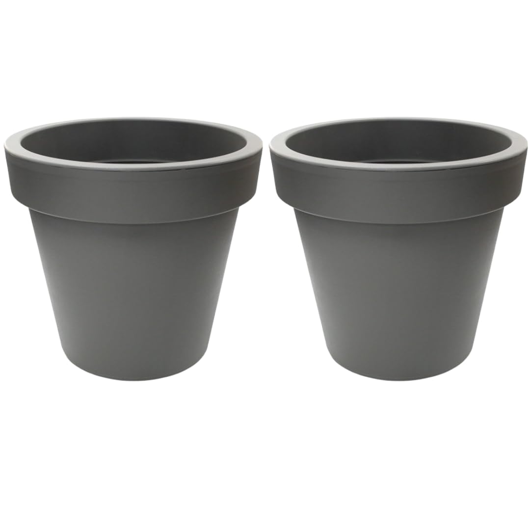 Planters Pride Stone Grey Aura 2-Pack 39Cm Large Round Plastic Plant Pots, | 27L Weather-Resistant Balcony & Patio Planters/Houseplant Pots For Aloe Vera | Indoor/Outdoor Flower Pots For Spider Plants