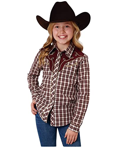 GIRLS LONG SLEEVE SNAP WINE CREAM TAN SMALL SCALE PLAID WESTERN SHIRT