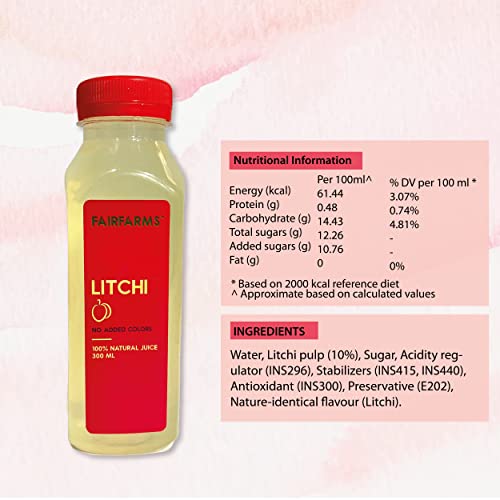Image of Fairfarm Litchi Juice |No added colours, 0% Concentrate - Fresh and Tasty juice |Rich in Vitamin inchC inch & Fibre| FarmFresh - (Pack of 12 X 300ml)
