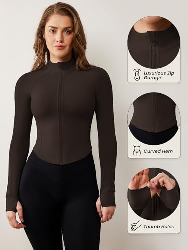 Image of AVGO Women's Workout Jacket Lightweight Zip Up Cropped Yoga Jackets Slim Fit Athletic Tops with Thumb Holes