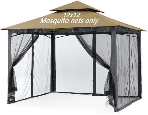 Mosquito Netting for Gazebo Canopy, Replacement Screen Walls Netting with Slip Rings, 4-Door Zipper, Easy to Install Black (Net Only) (12x12FT)